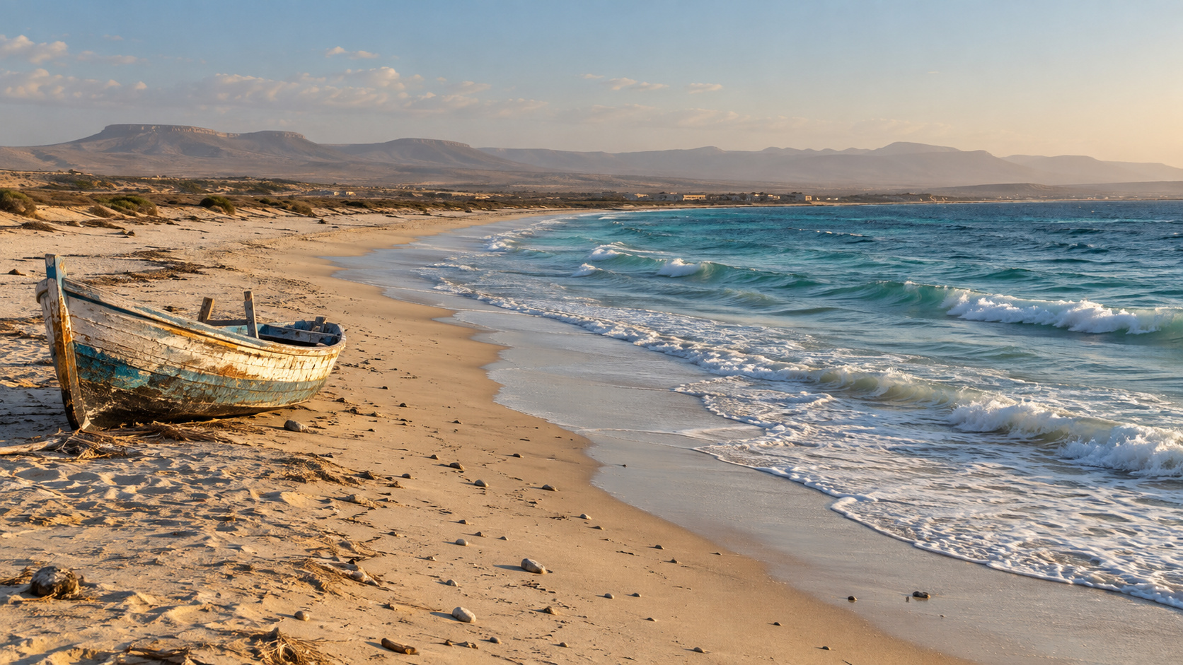Fishing boat and the arid Gulf of Aden coast near Berbera