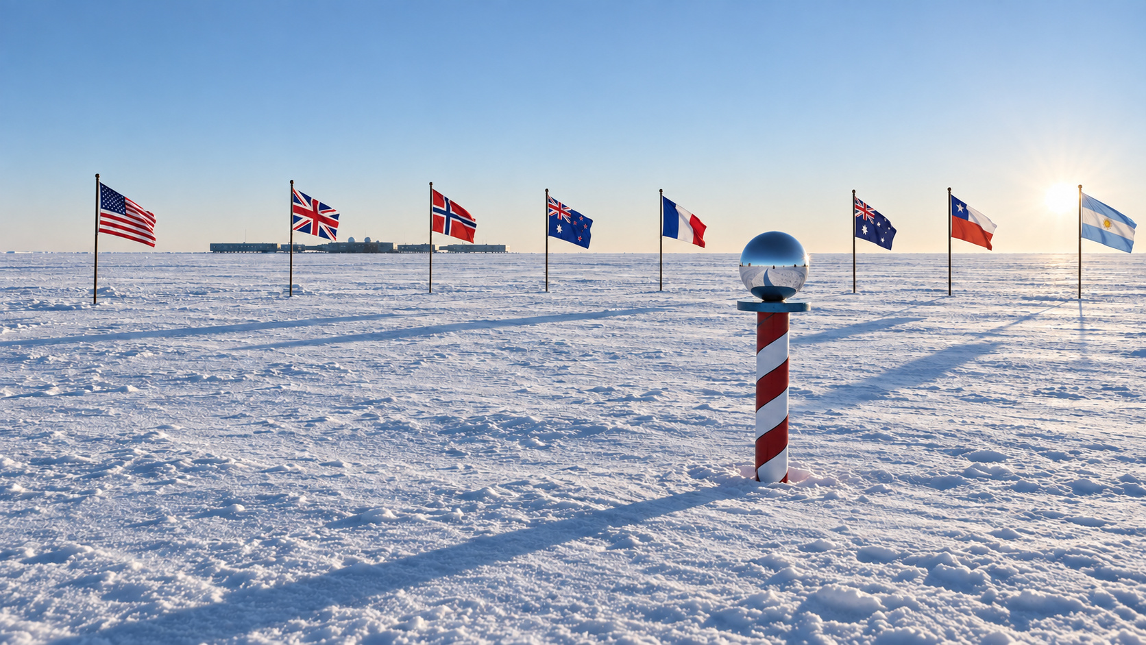 The ceremonial South Pole marker on the Antarctic plateau