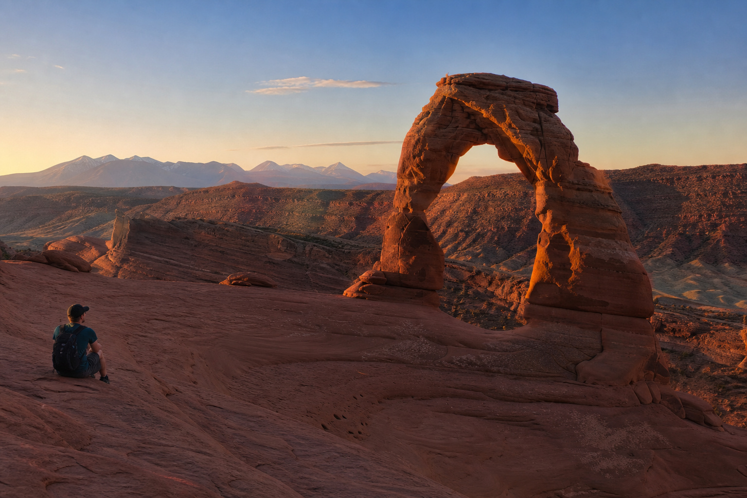 Torrey → Moab · Arches & Delicate Arch at sunset