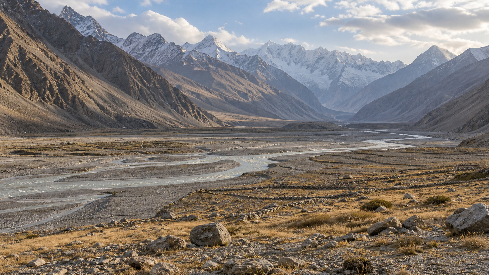 Glacial river and barren high mountains in an Afghan Wakhan valley