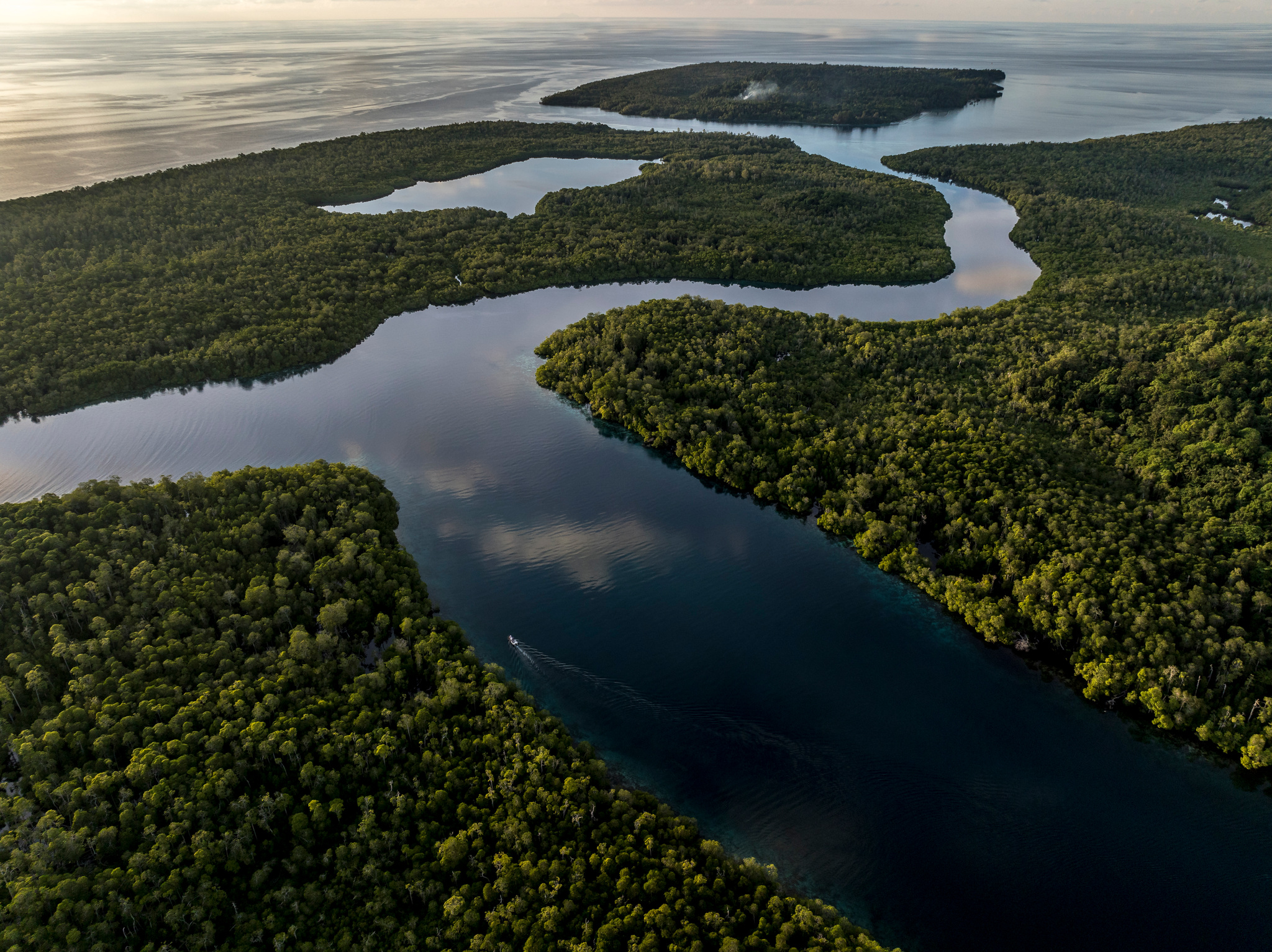 A calm channel winding through dense forest toward the sea in Misool
