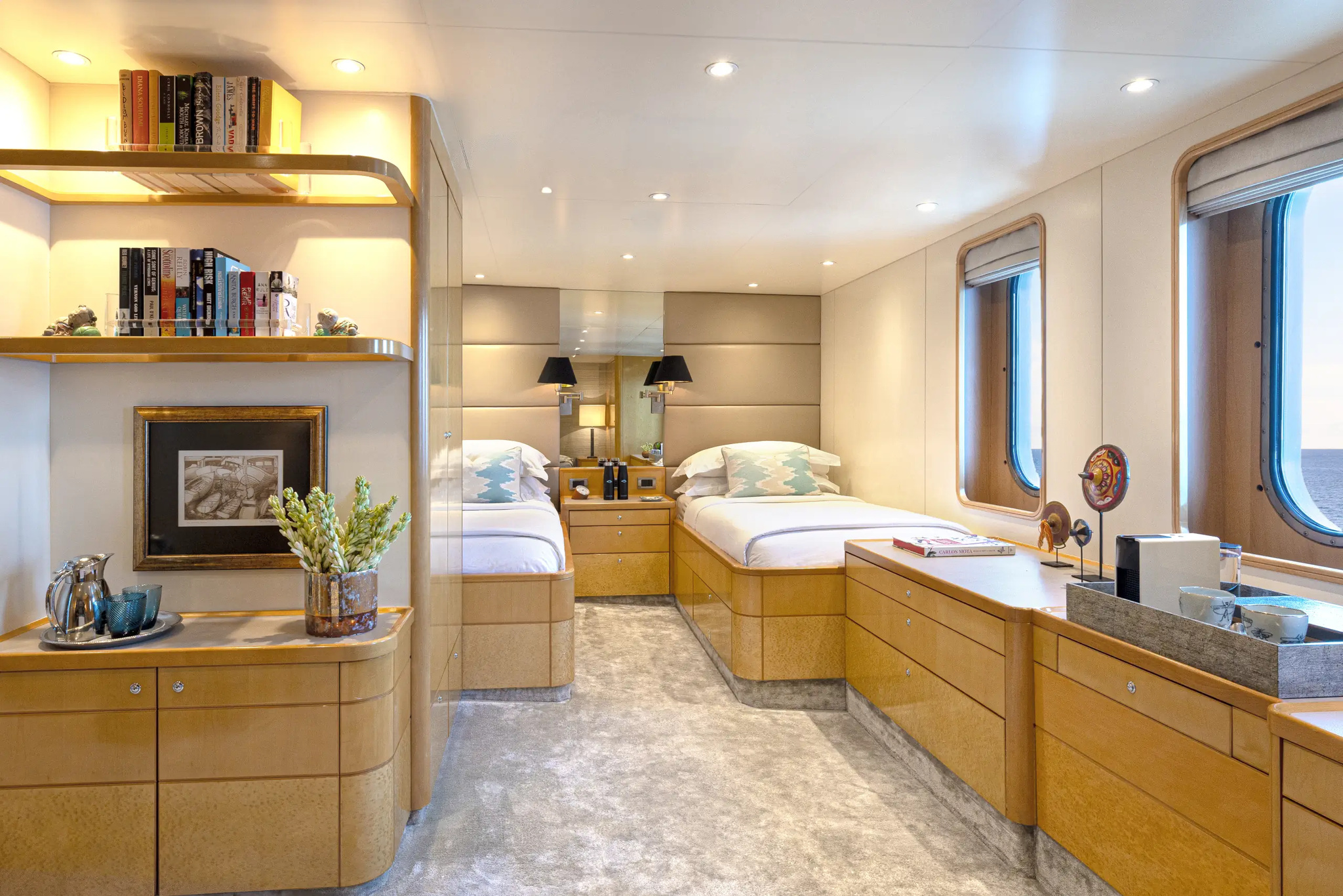 Cabin 202, Category I, with twin beds, bookshelves and rounded windows