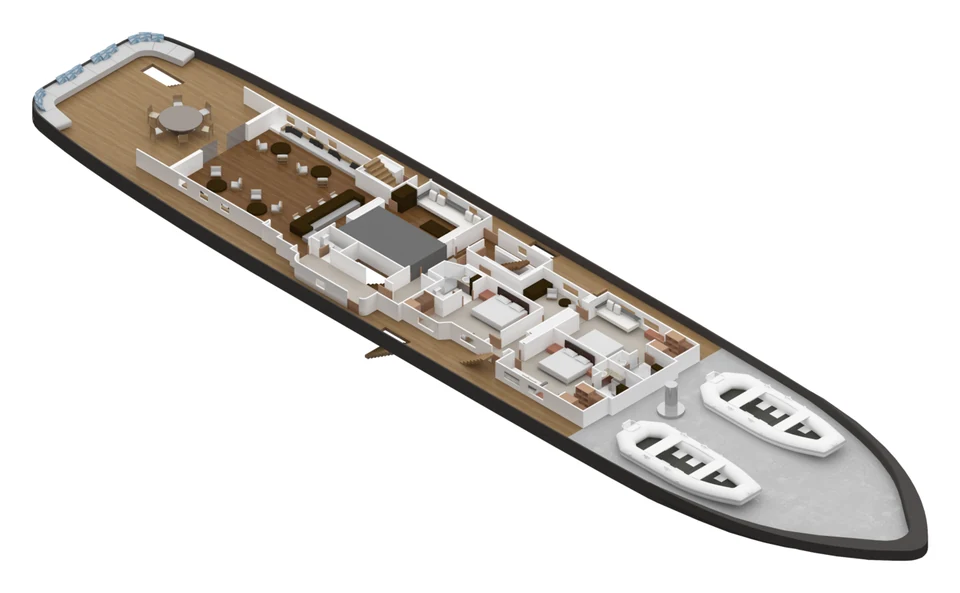 Drawing of Aqua Blu's forecastle deck: the open-air dining table aft, the Sky Lounge, three cabins and two tenders on the foredeck