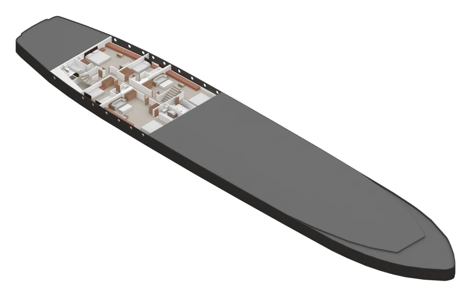 Drawing of Aqua Blu's lower deck, with five cabins toward the stern