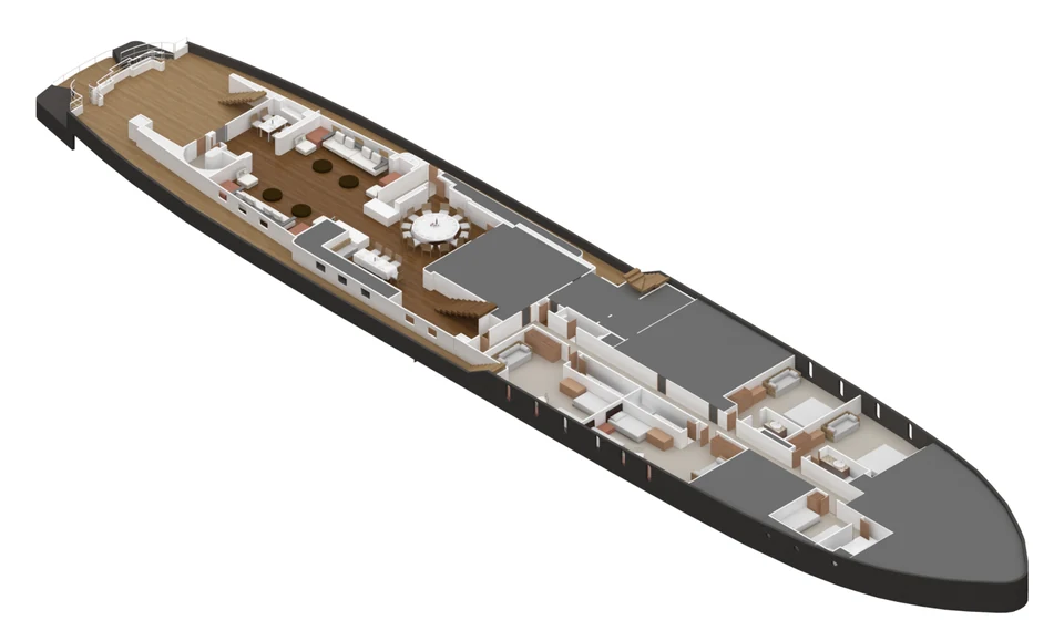 Drawing of Aqua Blu's main deck: the salon and dining room aft and five cabins further forward