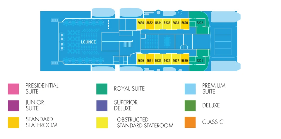 Drawing of Aranui 5's Boat deck: the lounge aft, Staterooms amidships and two Royal Suites forward beside the lifeboats