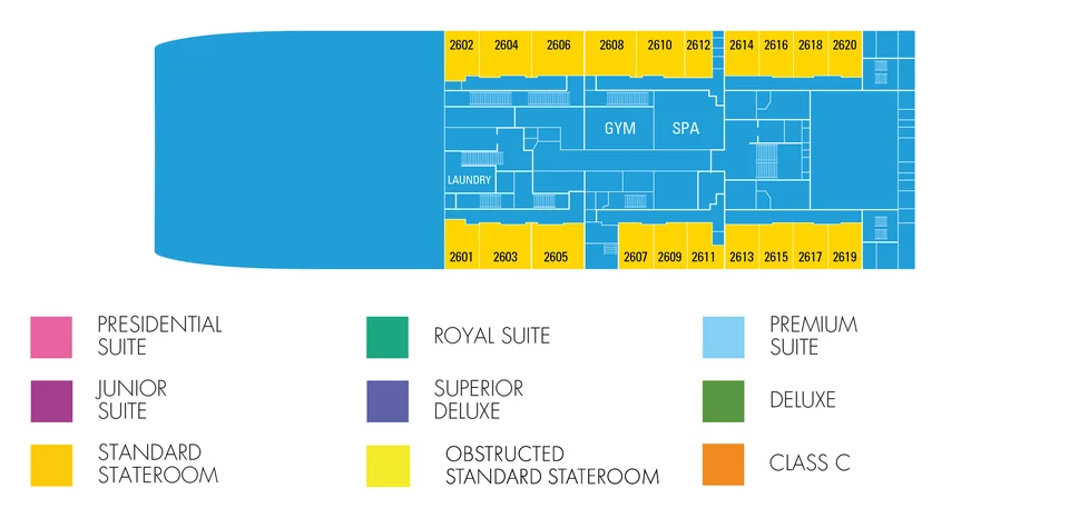 Drawing of Aranui 5's Lower deck: Staterooms along both sides, with the gym, the spa and the laundry