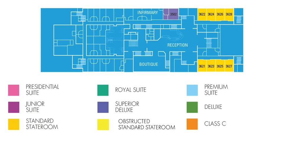 Drawing of Aranui 5's Main deck: reception, the boutique and the infirmary, a Superior Deluxe cabin and Staterooms forward