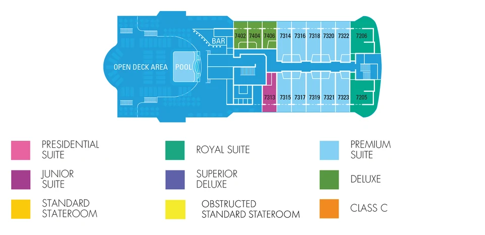 Drawing of Aranui 5's Pool deck: the pool, a bar and an open deck aft, Deluxe cabins and suites forward