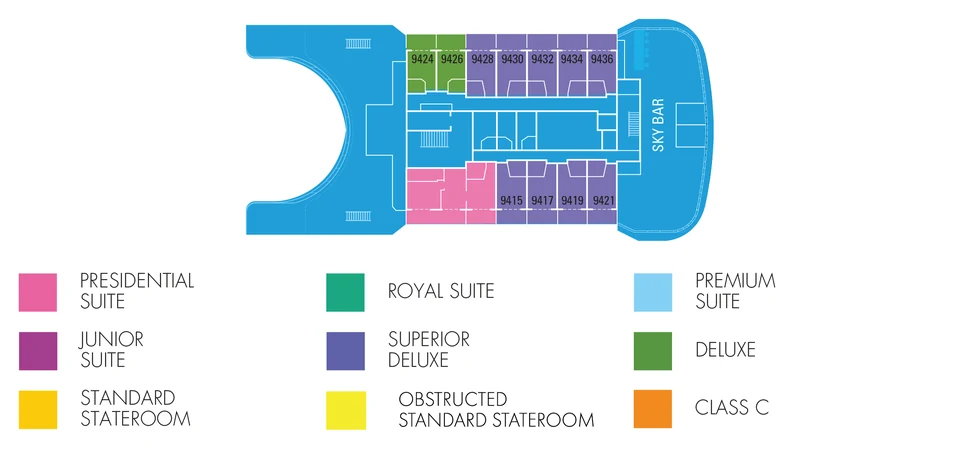 Drawing of Aranui 5's Sky deck: the Sky Bar forward, the Presidential Suite and Deluxe and Superior Deluxe cabins, an open deck aft