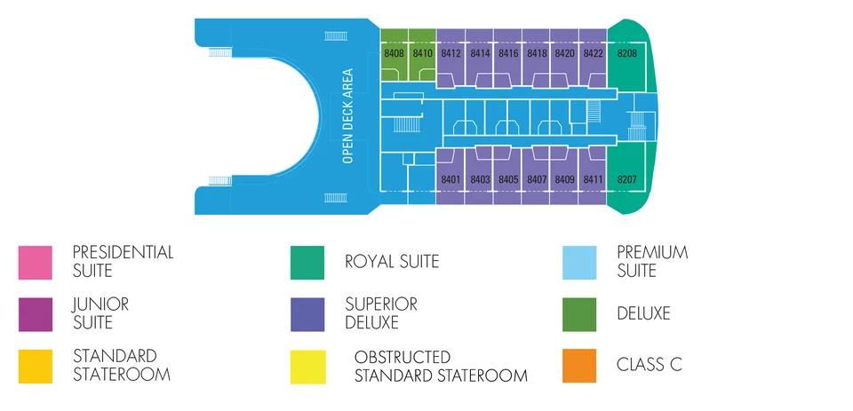 Drawing of Aranui 5's Sun deck: an open deck aft, Deluxe and Superior Deluxe cabins, and two Royal Suites forward