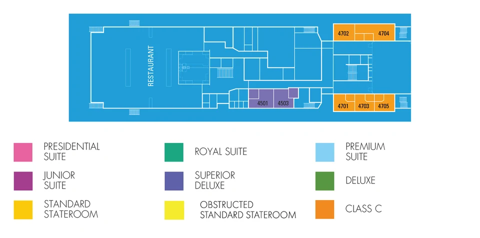 Drawing of Aranui 5's Upper deck: the restaurant aft, two Superior Deluxe cabins and the dormitories forward