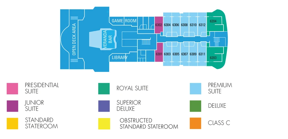 Drawing of Aranui 5's Veranda deck: an open deck and the Veranda Bar aft, the library and game room, suites forward